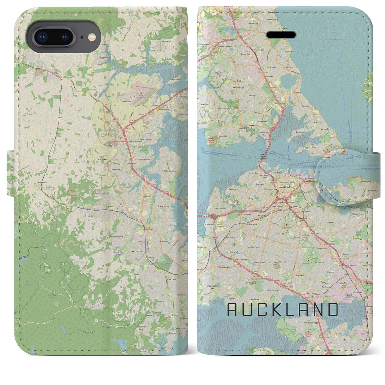 【オークランド】地図柄iPhoneケース（手帳両面タイプ・ナチュラル）iPhone 8Plus /7Plus / 6sPlus / 6Plus 用