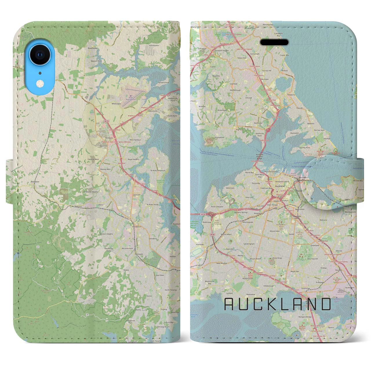 【オークランド】地図柄iPhoneケース（手帳両面タイプ・ナチュラル）iPhone XR 用