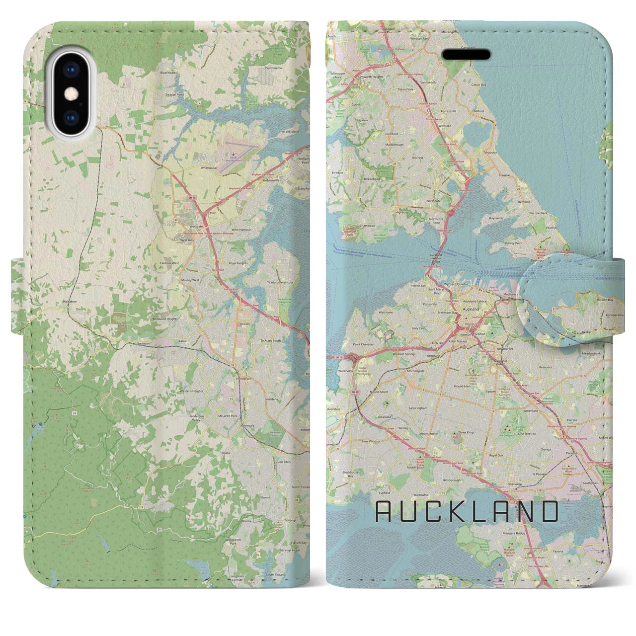 【オークランド】地図柄iPhoneケース（手帳両面タイプ・ナチュラル）iPhone XS Max 用