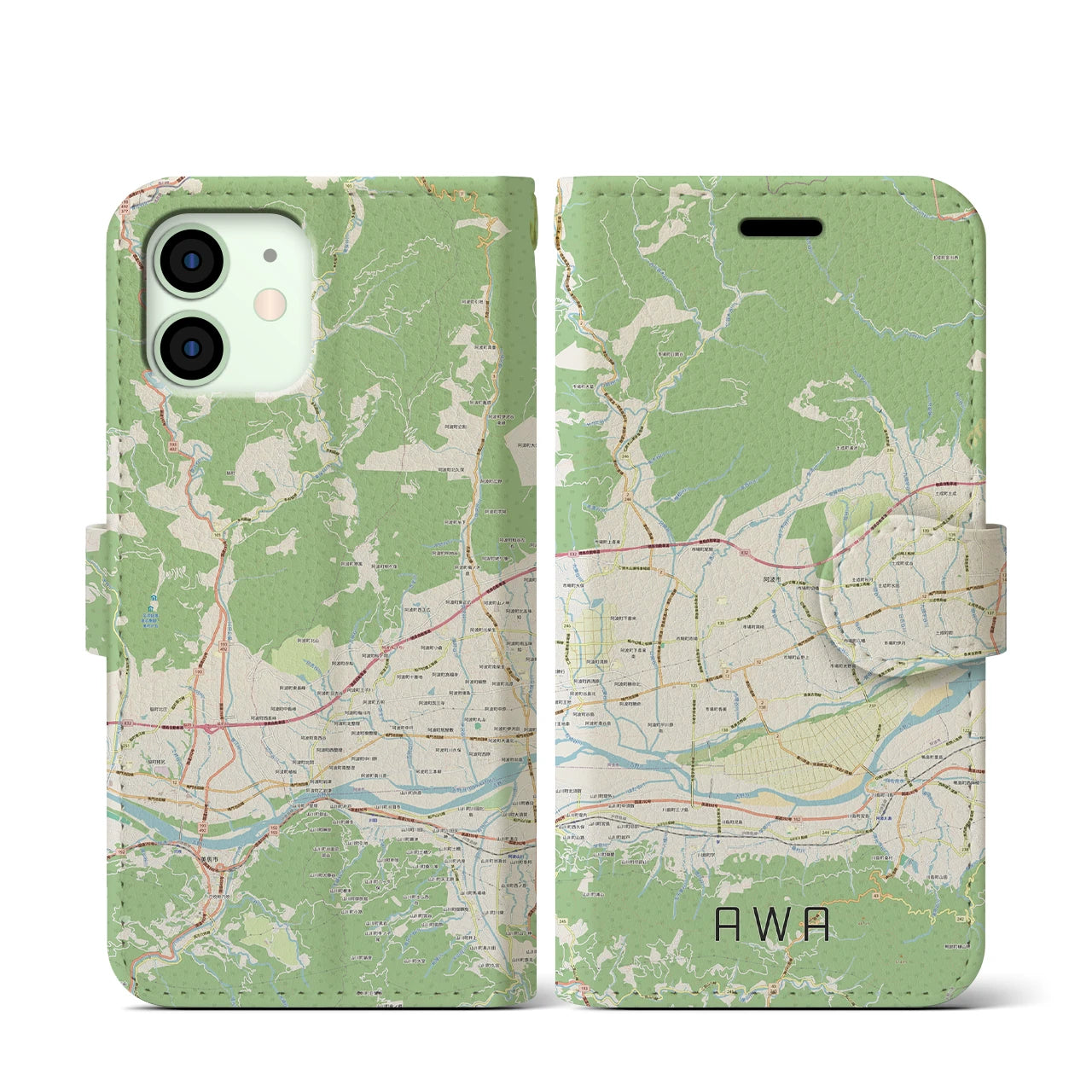 【阿波】地図柄iPhoneケース（手帳両面タイプ・ナチュラル）iPhone 12 mini 用