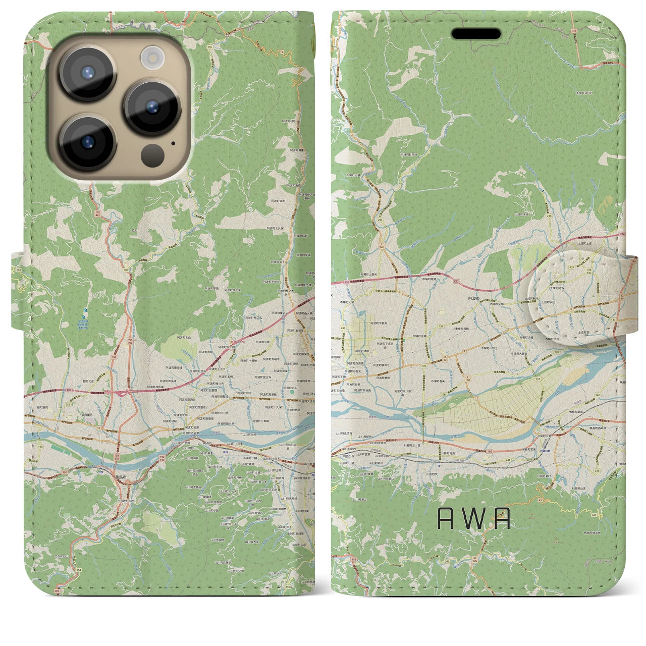 【阿波】地図柄iPhoneケース（手帳両面タイプ・ナチュラル）iPhone 14 Pro Max 用