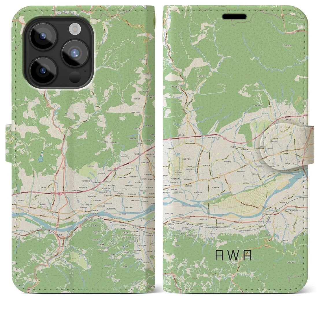 【阿波】地図柄iPhoneケース（手帳両面タイプ・ナチュラル）iPhone 15 Pro Max 用