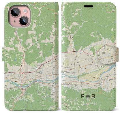 【阿波（徳島県）】地図柄iPhoneケース（手帳タイプ）ナチュラル・iPhone 15 Plus 用
