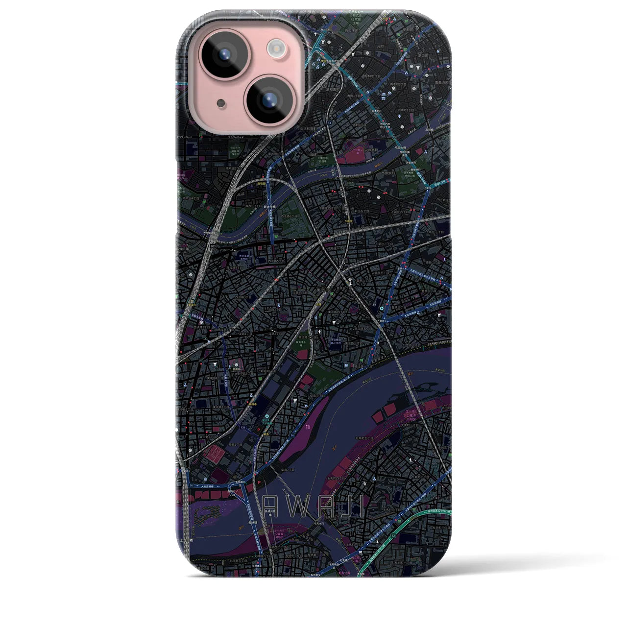 【淡路（大阪府）】地図柄iPhoneケース（バックカバータイプ・ブラック）iPhone 15 Plus 用