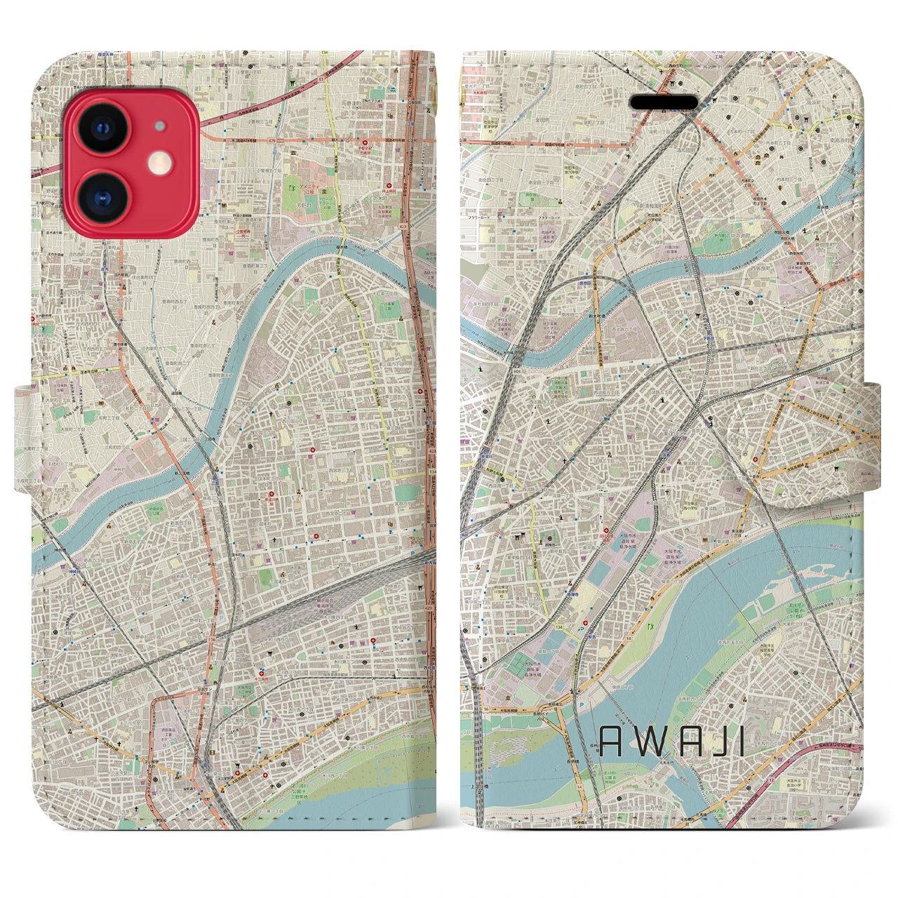 【淡路（大阪府）】地図柄iPhoneケース（手帳両面タイプ・ナチュラル）iPhone 11 用