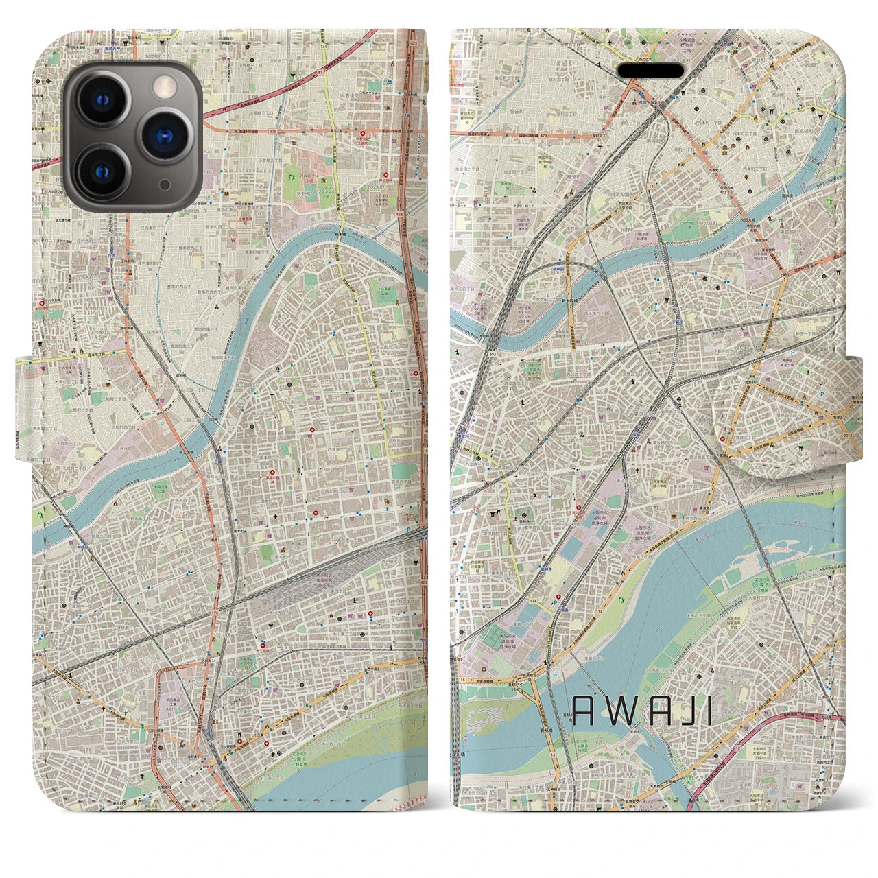 【淡路（大阪府）】地図柄iPhoneケース（手帳両面タイプ・ナチュラル）iPhone 11 Pro Max 用