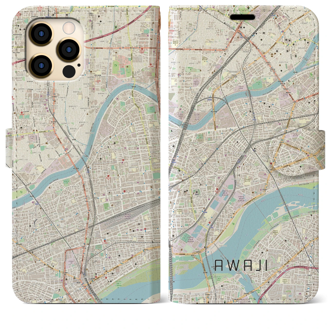 【淡路（大阪府）】地図柄iPhoneケース（手帳両面タイプ・ナチュラル）iPhone 12 Pro Max 用
