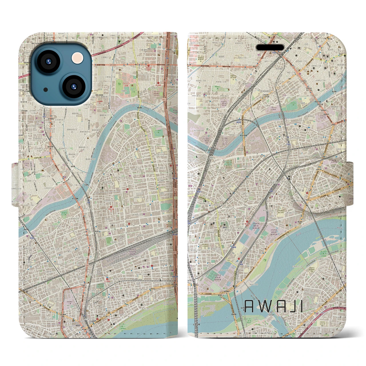 【淡路（大阪府）】地図柄iPhoneケース（手帳両面タイプ・ナチュラル）iPhone 13 用