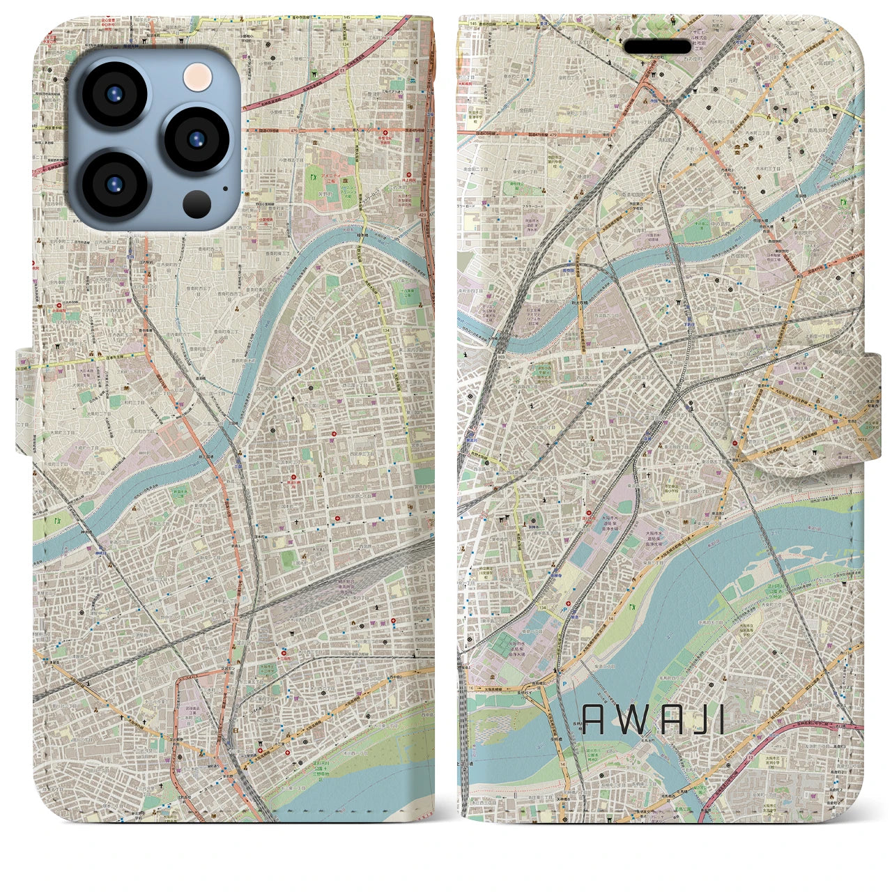 【淡路（大阪府）】地図柄iPhoneケース（手帳両面タイプ・ナチュラル）iPhone 13 Pro Max 用