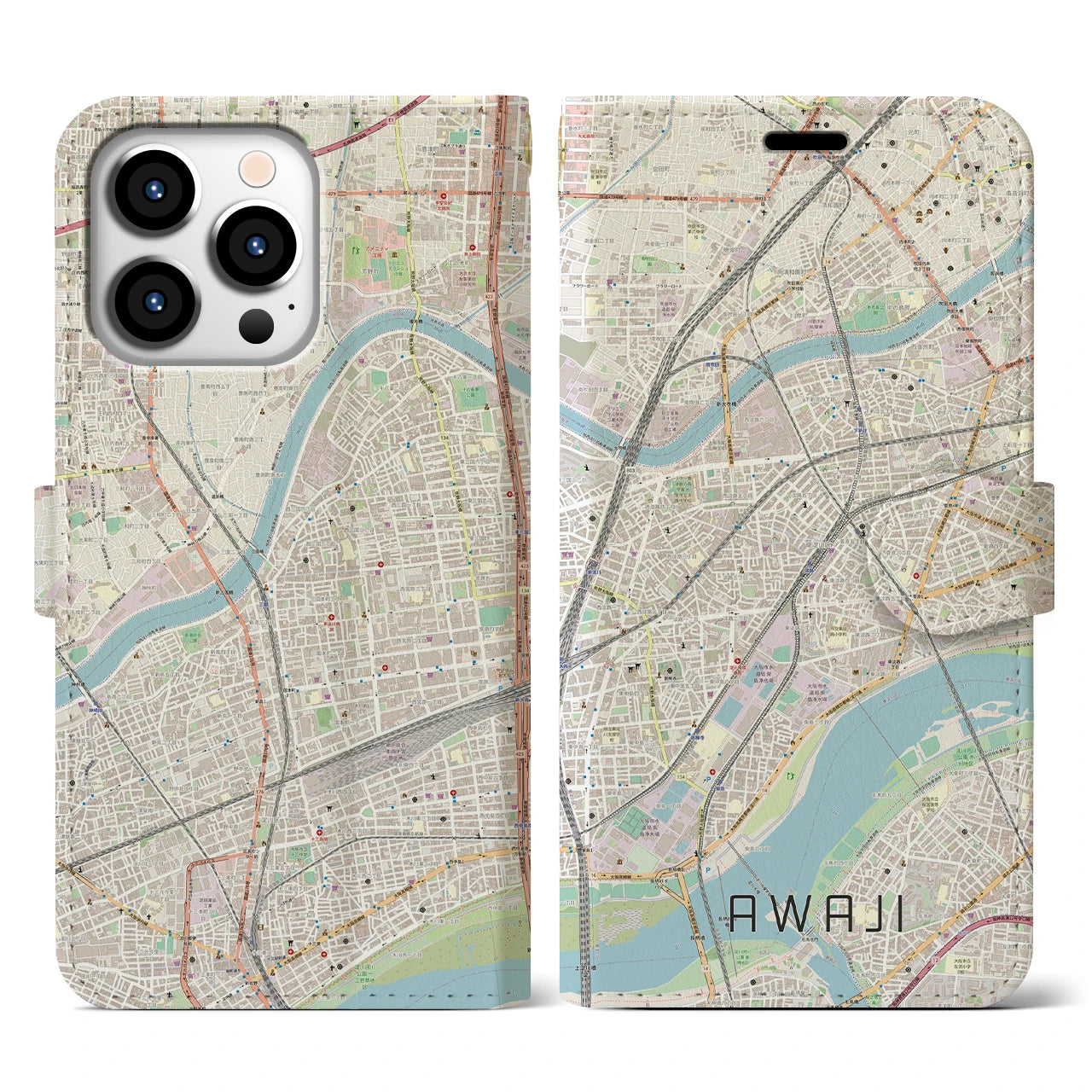 【淡路（大阪府）】地図柄iPhoneケース（手帳タイプ）ナチュラル・iPhone 13 Pro 用