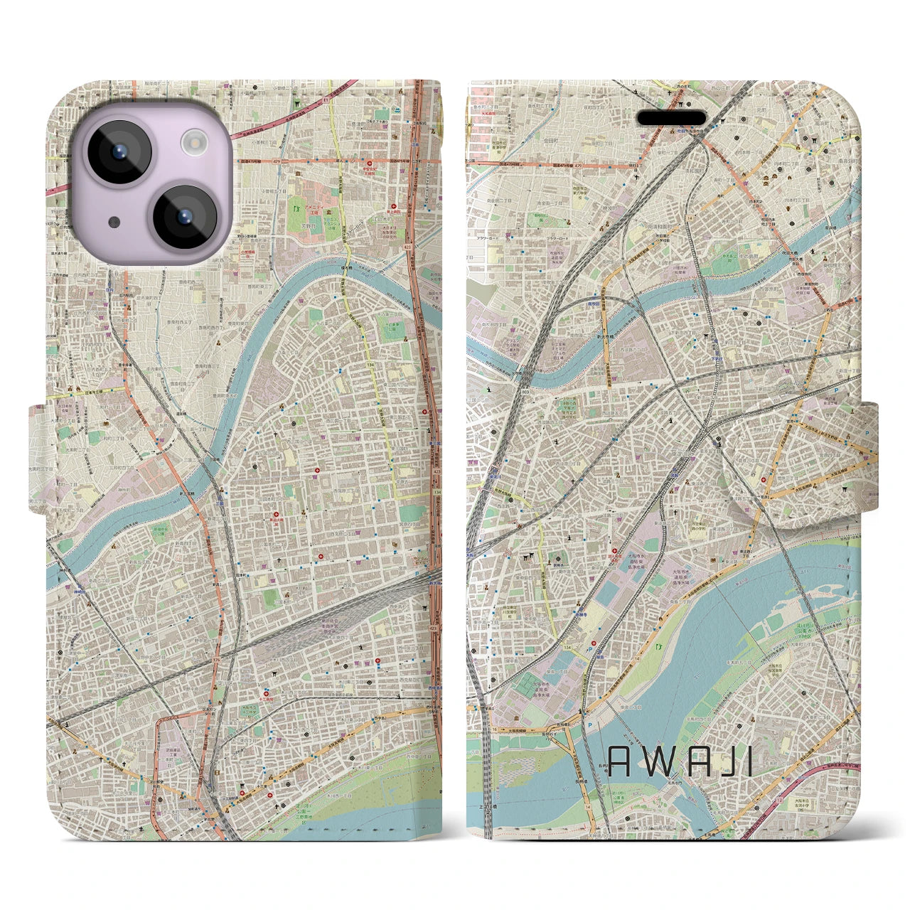 【淡路（大阪府）】地図柄iPhoneケース（手帳両面タイプ・ナチュラル）iPhone 14 用
