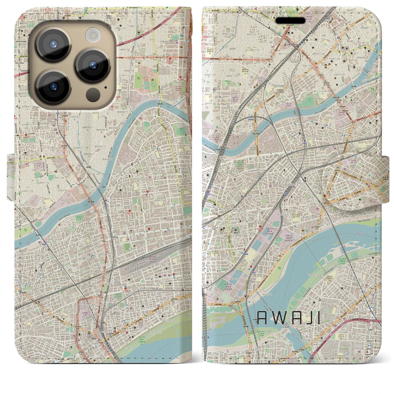 【淡路（大阪府）】地図柄iPhoneケース（手帳両面タイプ・ナチュラル）iPhone 14 Pro Max 用