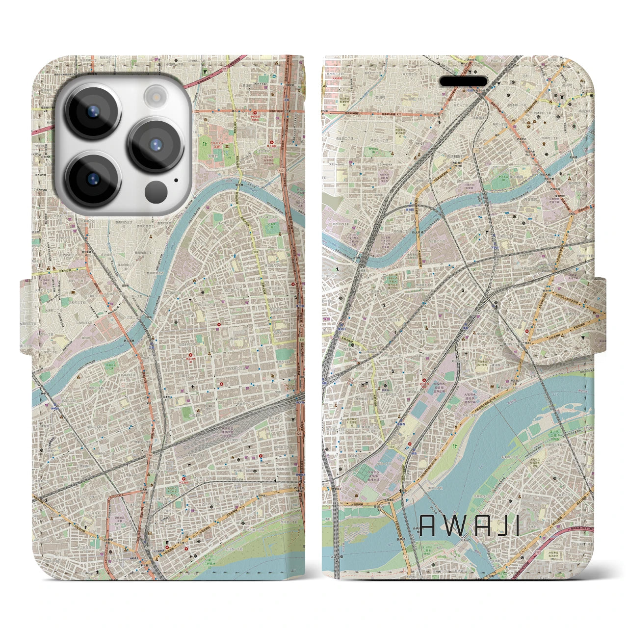 【淡路（大阪府）】地図柄iPhoneケース（手帳両面タイプ・ナチュラル）iPhone 14 Pro 用