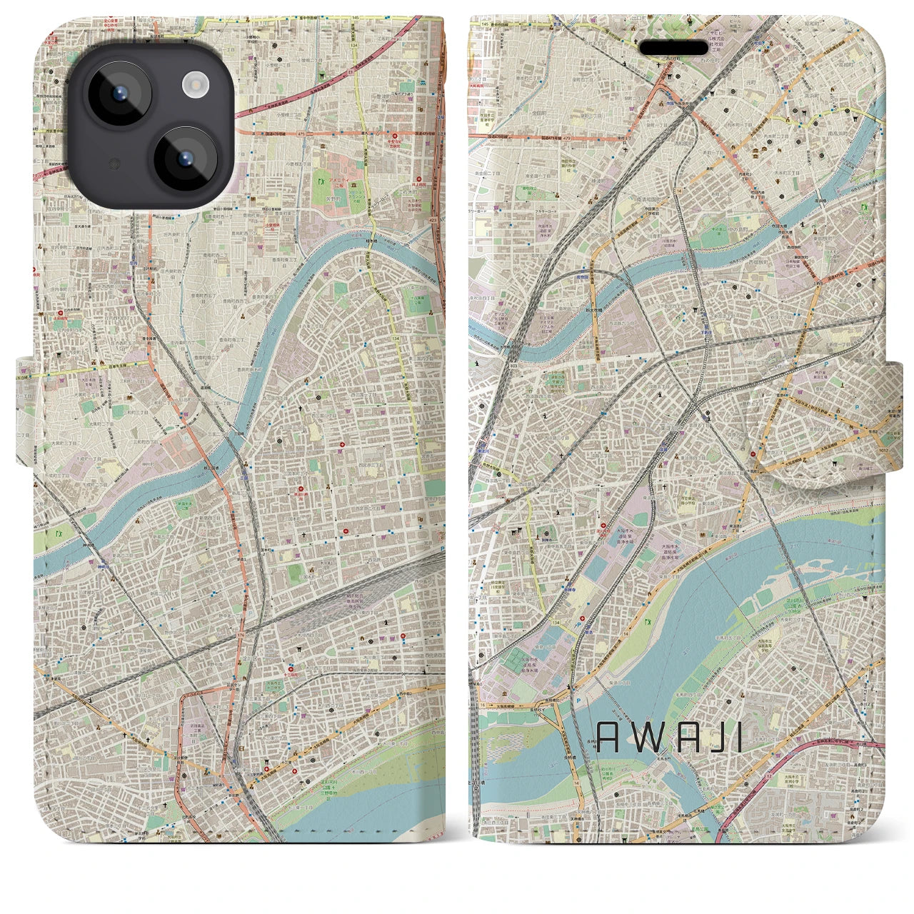 【淡路（大阪府）】地図柄iPhoneケース（手帳両面タイプ・ナチュラル）iPhone 14 Plus 用