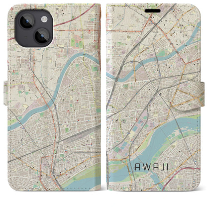 【淡路（大阪府）】地図柄iPhoneケース（手帳タイプ）ナチュラル・iPhone 14 Plus 用