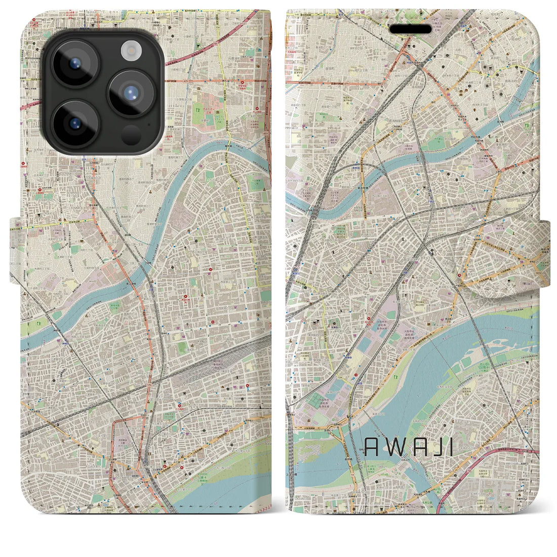 【淡路（大阪府）】地図柄iPhoneケース（手帳両面タイプ・ナチュラル）iPhone 15 Pro Max 用
