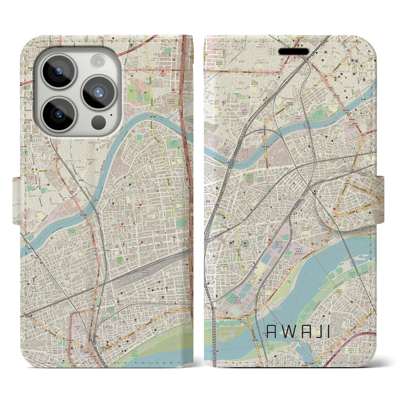 【淡路（大阪府）】地図柄iPhoneケース（手帳両面タイプ・ナチュラル）iPhone 15 Pro 用