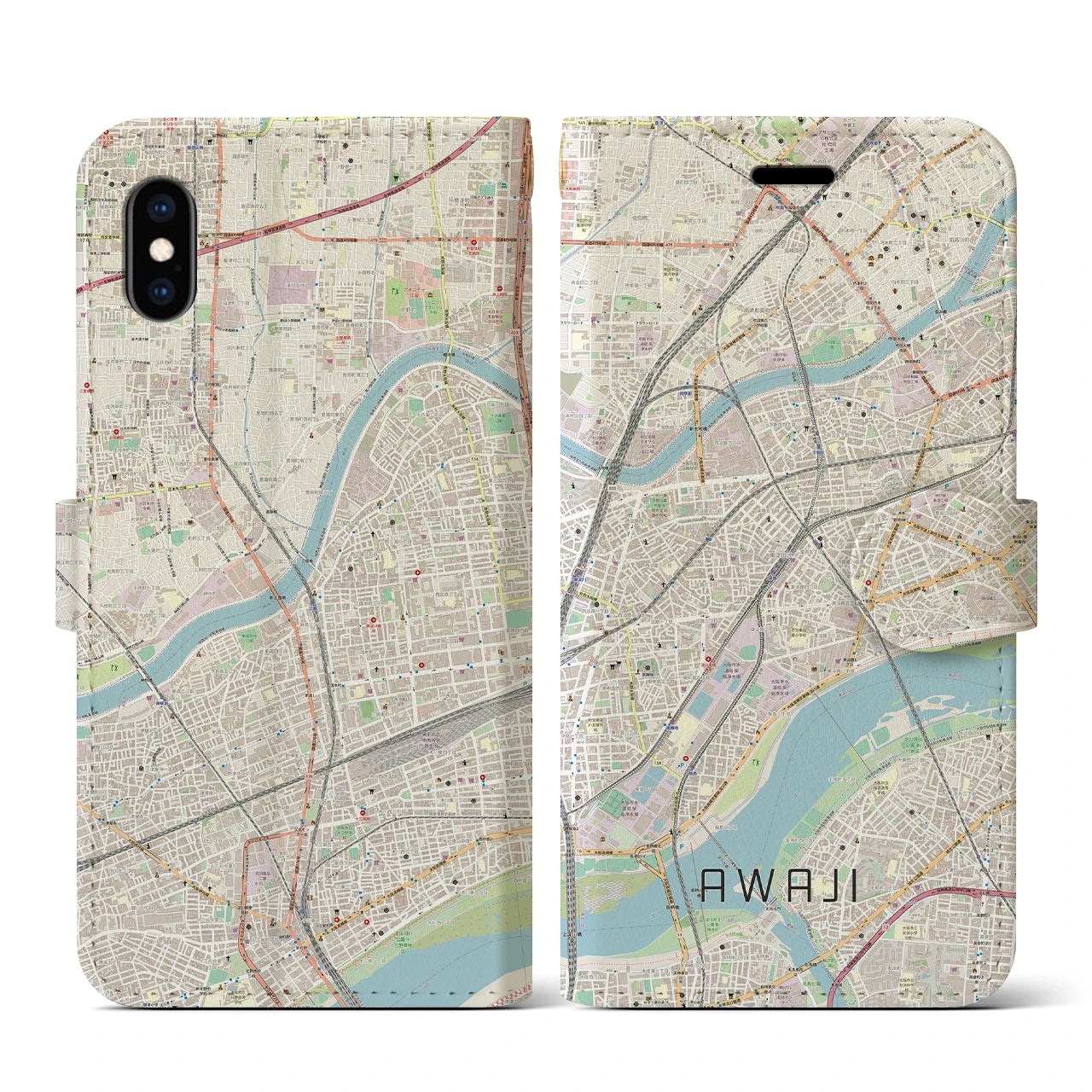 【淡路（大阪府）】地図柄iPhoneケース（手帳両面タイプ・ナチュラル）iPhone XS / X 用
