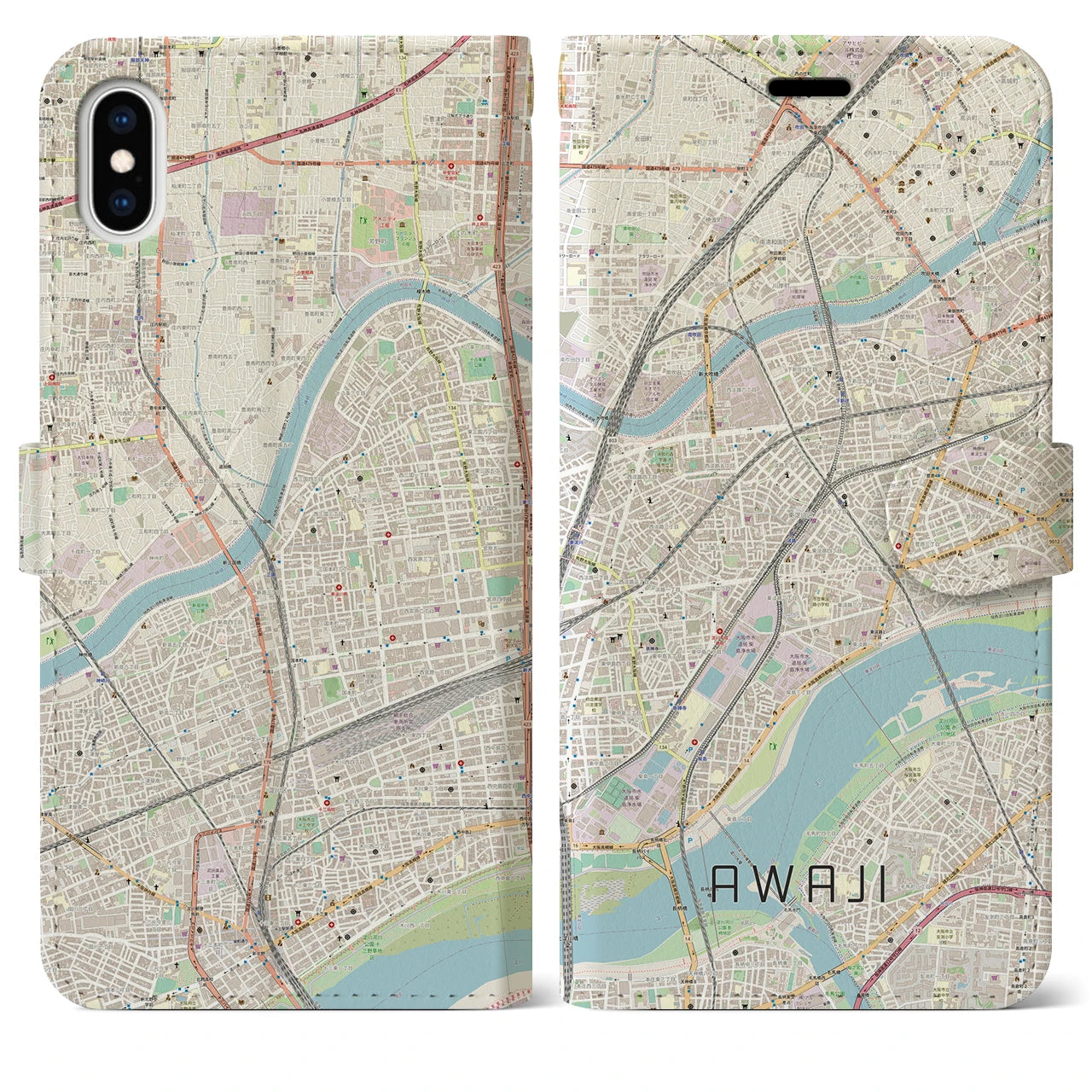 【淡路（大阪府）】地図柄iPhoneケース（手帳両面タイプ・ナチュラル）iPhone XS Max 用