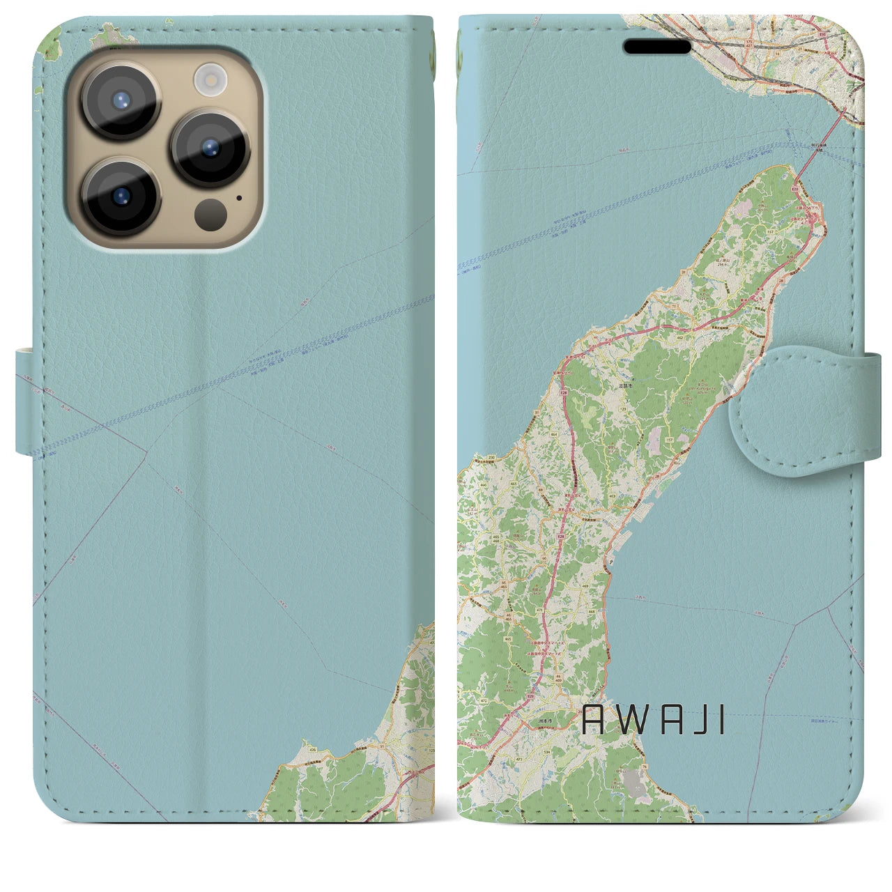 【淡路】地図柄iPhoneケース（手帳両面タイプ・ナチュラル）iPhone 14 Pro Max 用