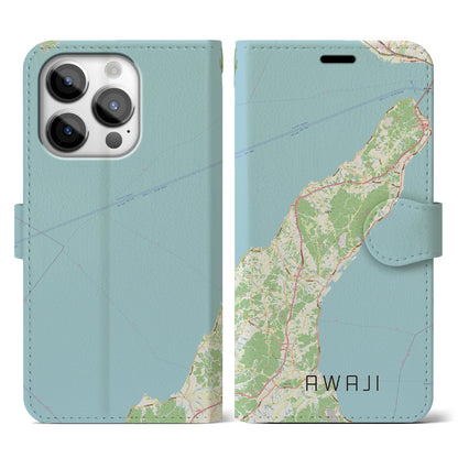 【淡路（兵庫県）】地図柄iPhoneケース（手帳タイプ）ナチュラル・iPhone 14 Pro 用