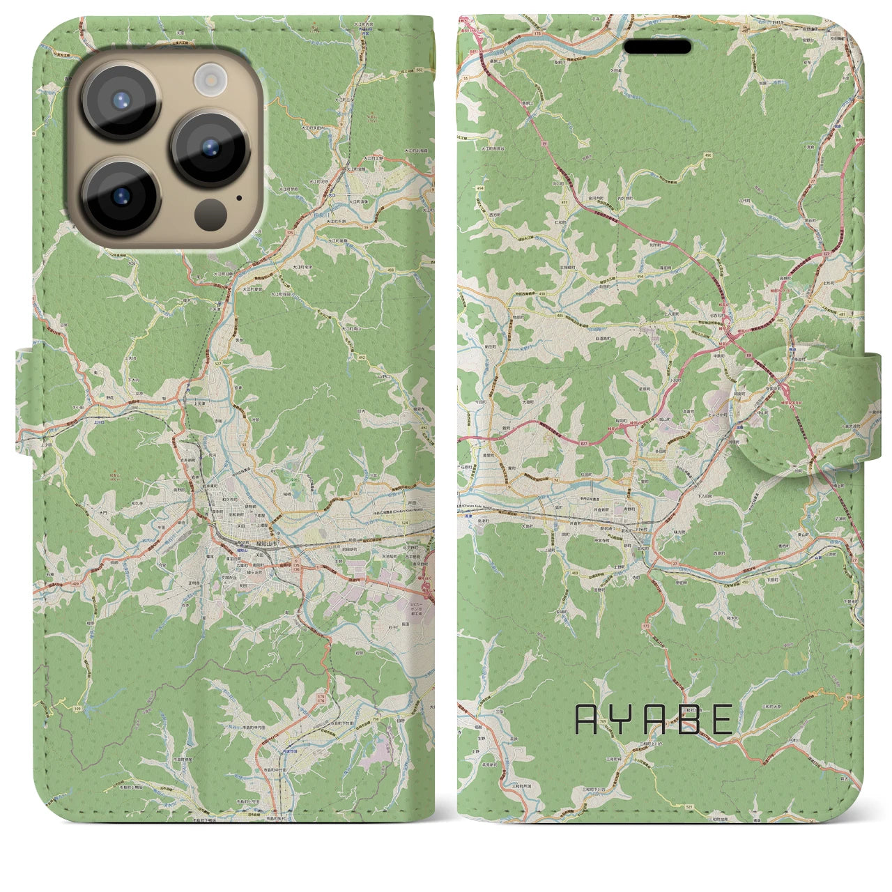 【綾部】地図柄iPhoneケース（手帳両面タイプ・ナチュラル）iPhone 14 Pro Max 用