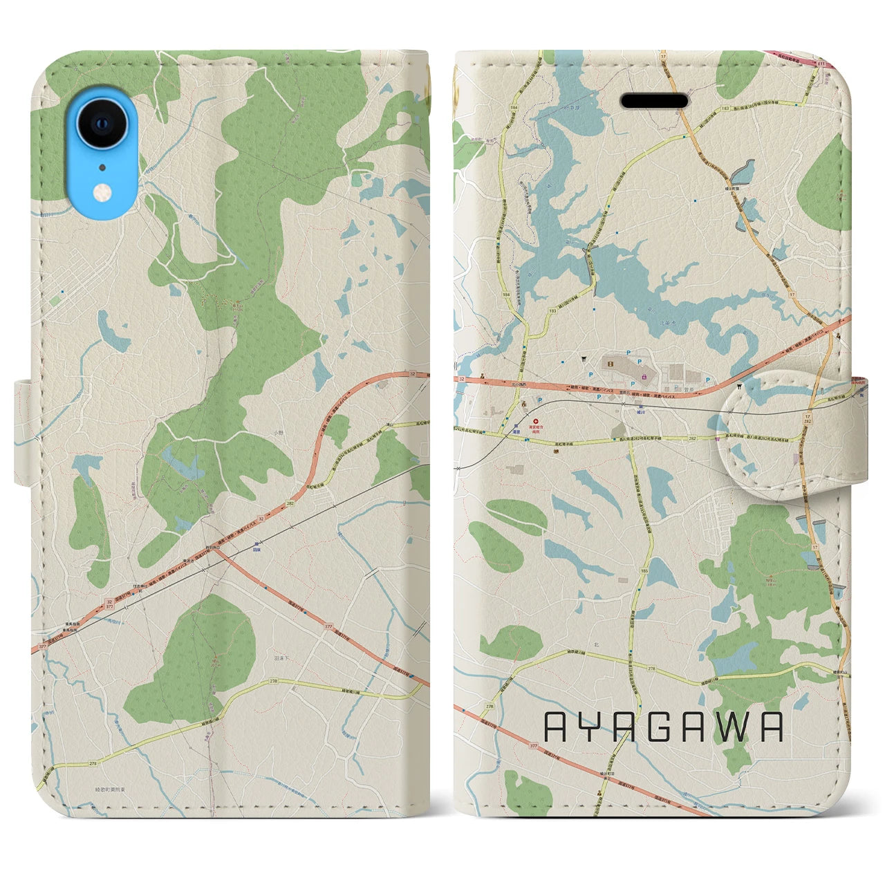 【綾川】地図柄iPhoneケース（手帳両面タイプ・ナチュラル）iPhone XR 用