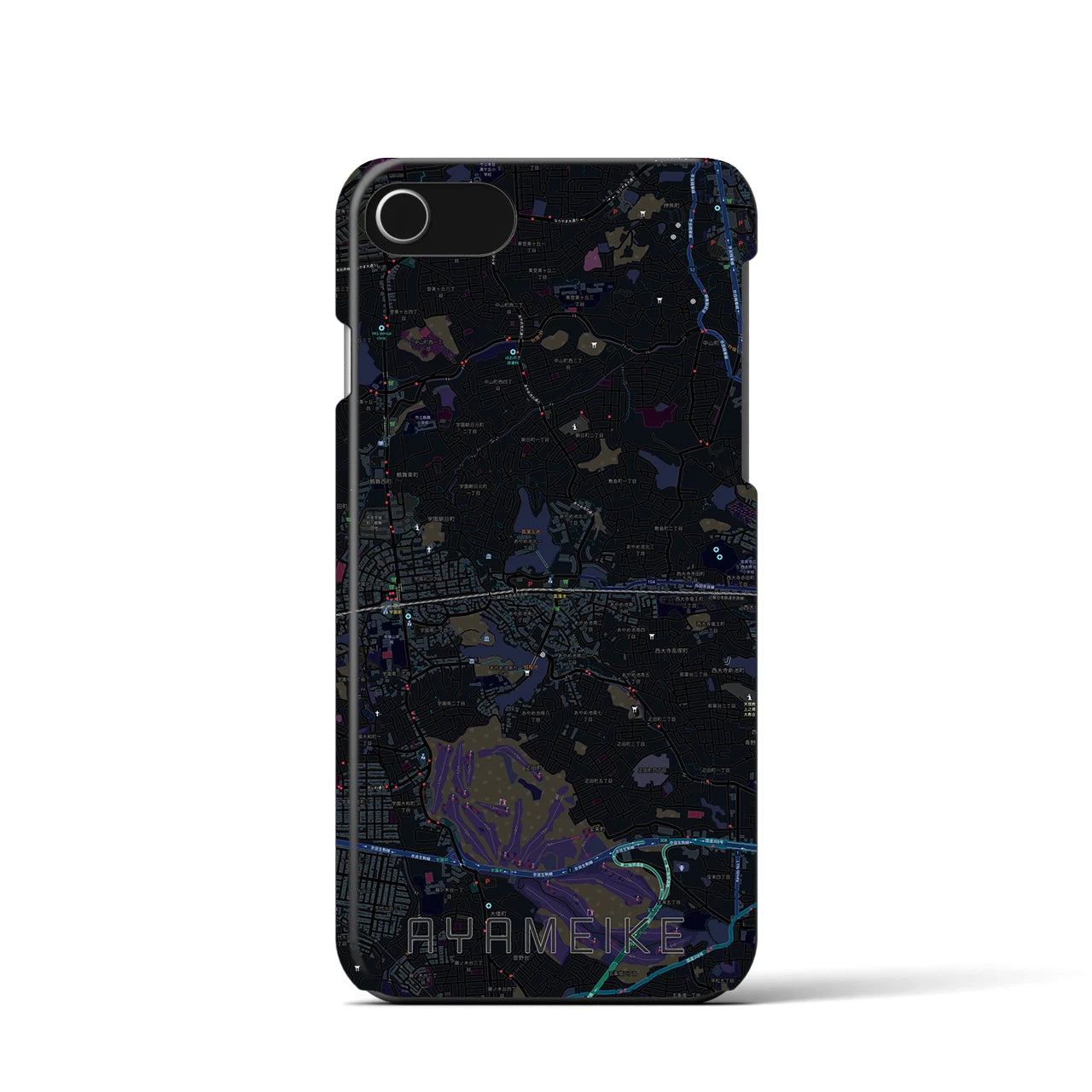 【菖蒲池】地図柄iPhoneケース（バックカバータイプ・ブラック）iPhone SE（第3 / 第2世代） / 8 / 7 / 6s / 6 用