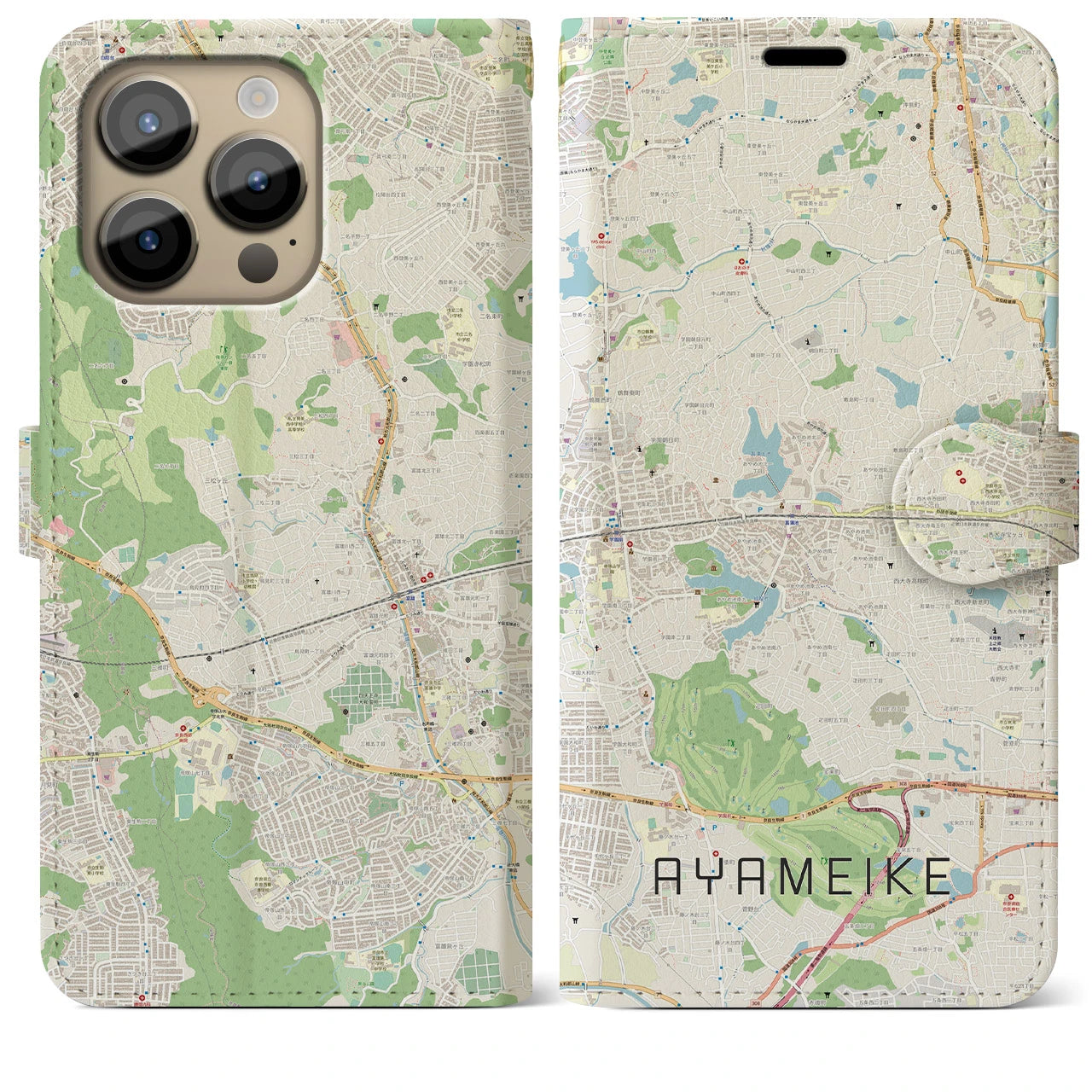 【菖蒲池】地図柄iPhoneケース（手帳両面タイプ・ナチュラル）iPhone 14 Pro Max 用