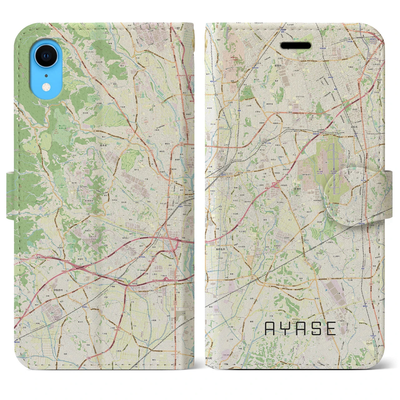 【綾瀬】地図柄iPhoneケース（手帳両面タイプ・ナチュラル）iPhone XR 用
