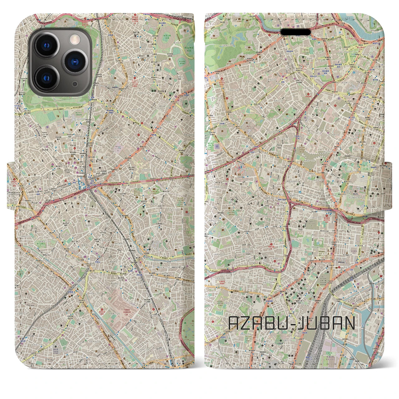【麻布十番】地図柄iPhoneケース（手帳両面タイプ・ナチュラル）iPhone 11 Pro Max 用