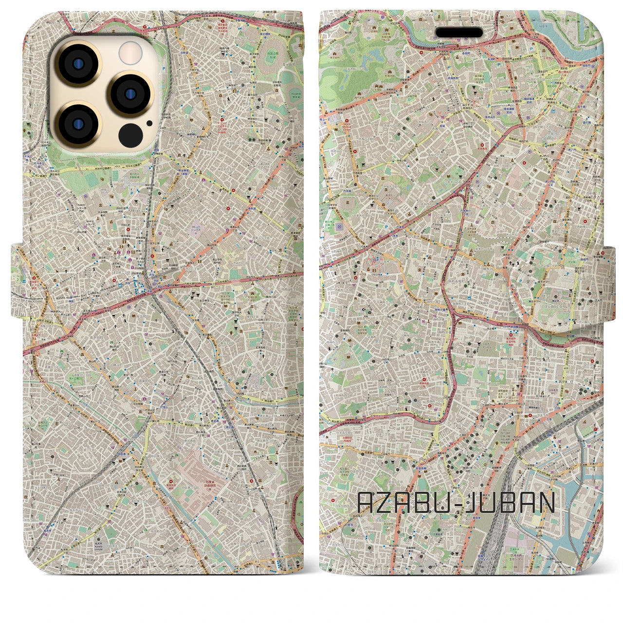 【麻布十番】地図柄iPhoneケース（手帳両面タイプ・ナチュラル）iPhone 12 Pro Max 用