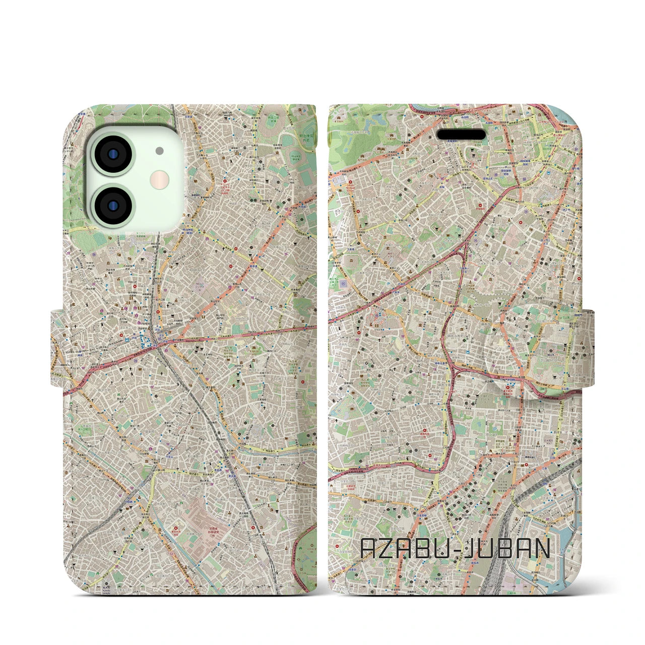 【麻布十番】地図柄iPhoneケース（手帳両面タイプ・ナチュラル）iPhone 12 mini 用