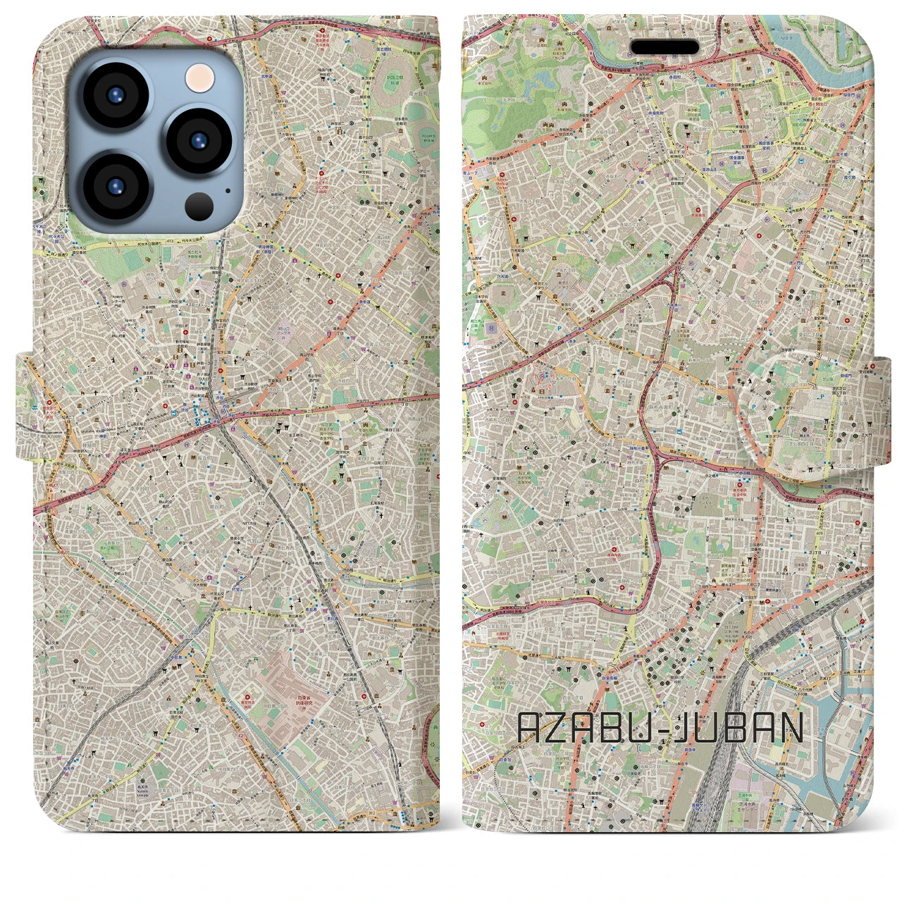 【麻布十番】地図柄iPhoneケース（手帳両面タイプ・ナチュラル）iPhone 13 Pro Max 用