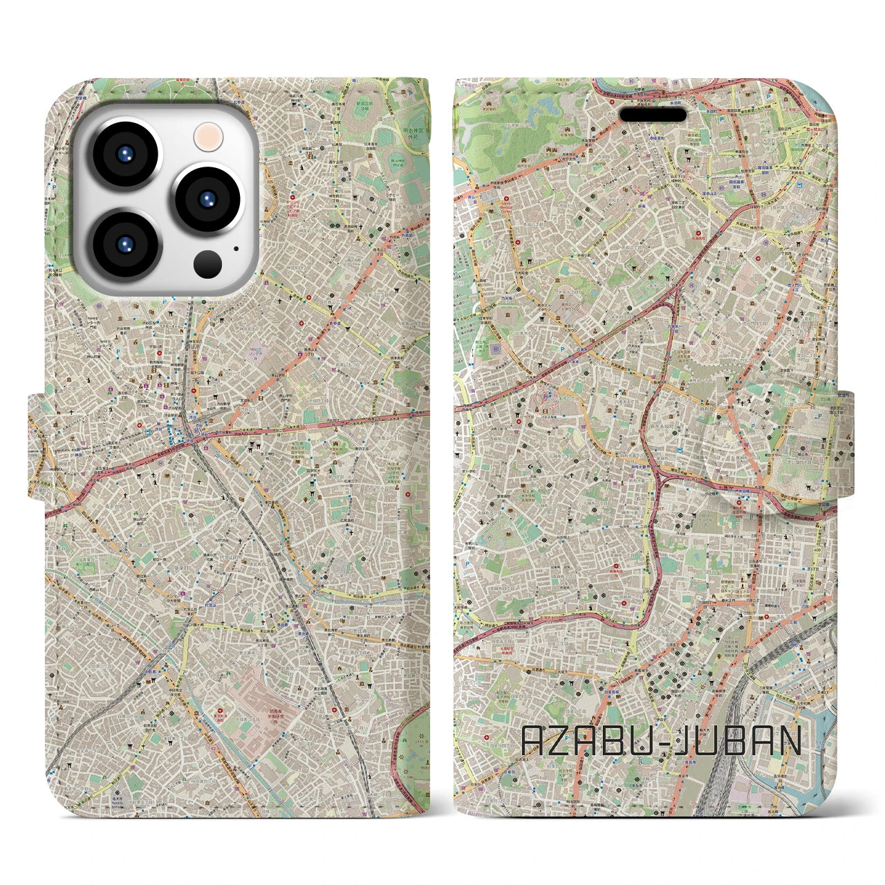 【麻布十番】地図柄iPhoneケース（手帳両面タイプ・ナチュラル）iPhone 13 Pro 用