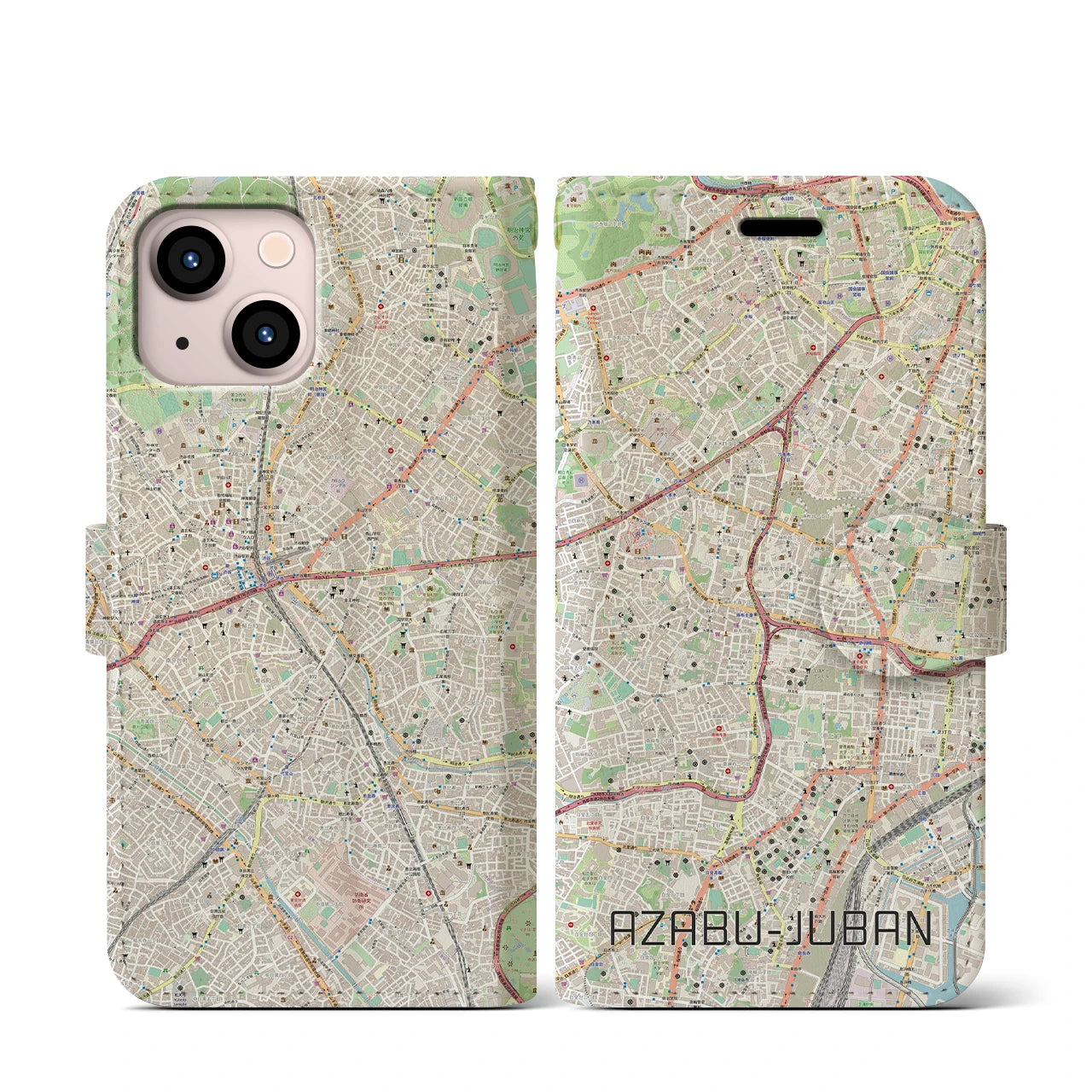 【麻布十番】地図柄iPhoneケース（手帳両面タイプ・ナチュラル）iPhone 13 mini 用