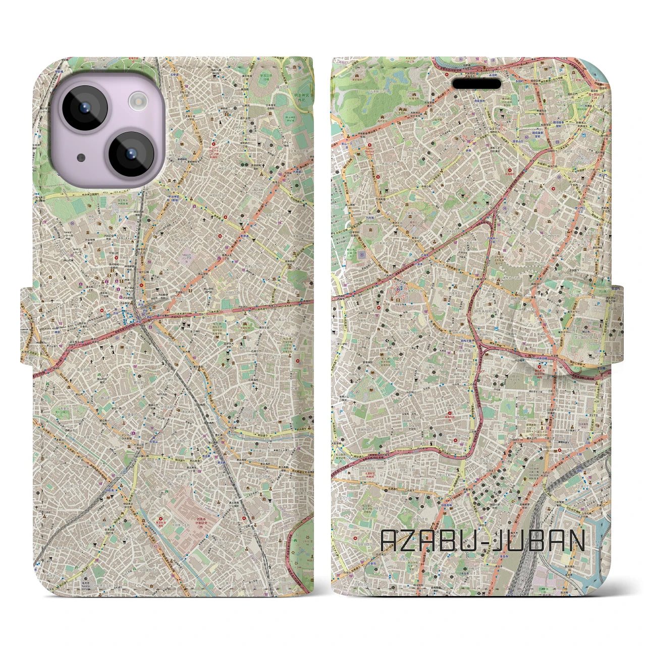 【麻布十番】地図柄iPhoneケース（手帳両面タイプ・ナチュラル）iPhone 14 用