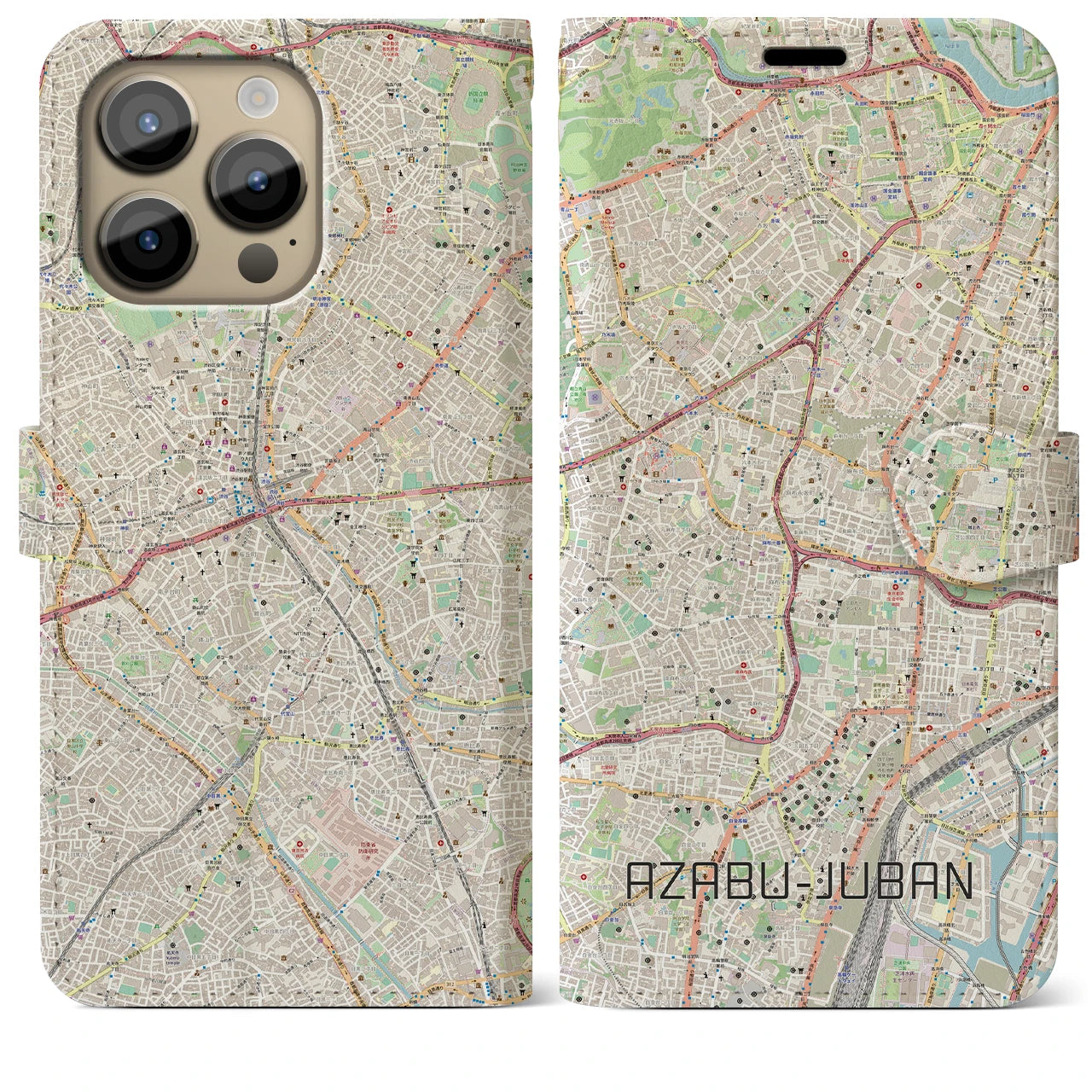 【麻布十番】地図柄iPhoneケース（手帳両面タイプ・ナチュラル）iPhone 14 Pro Max 用