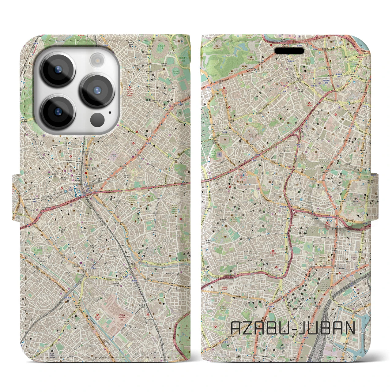 【麻布十番】地図柄iPhoneケース（手帳両面タイプ・ナチュラル）iPhone 14 Pro 用