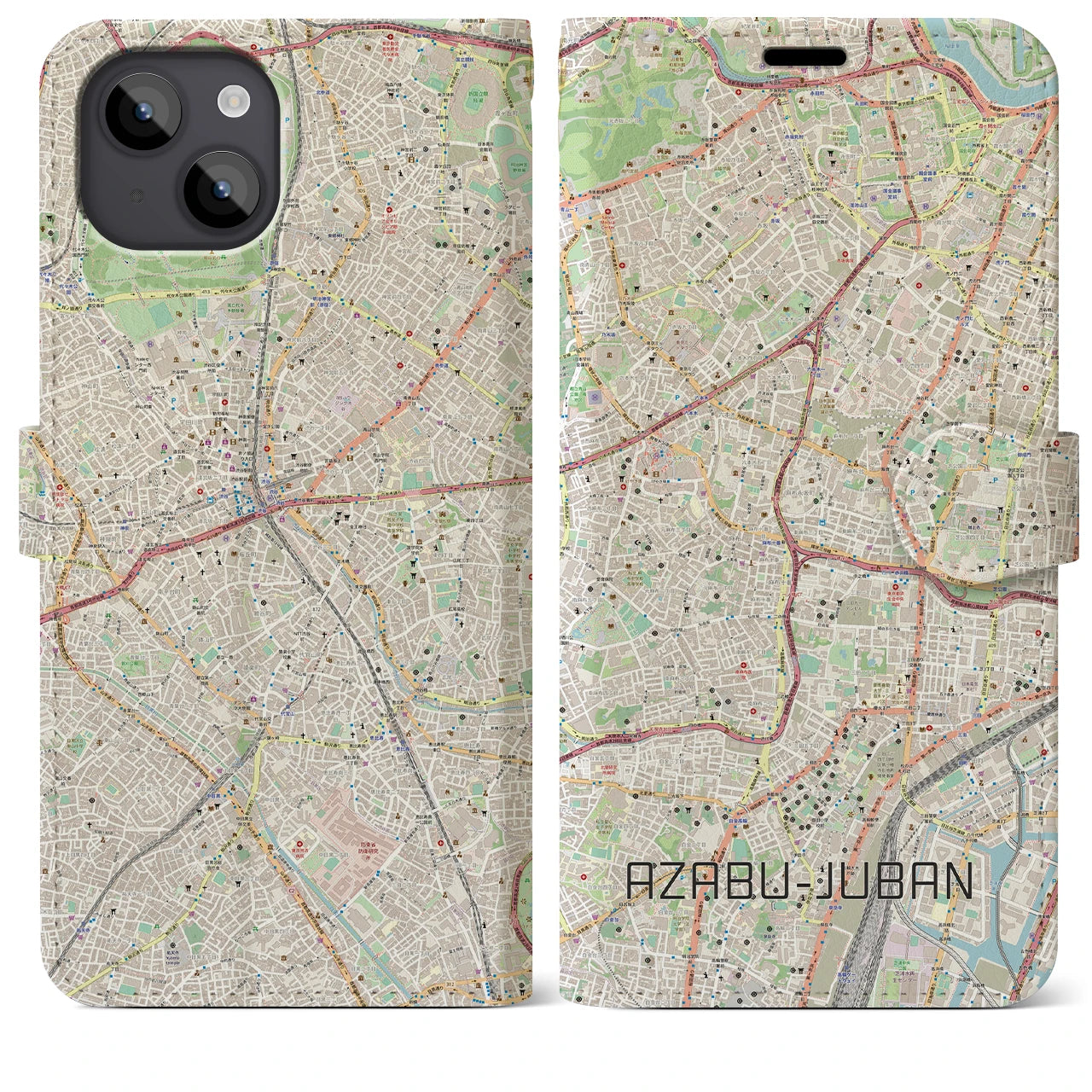 【麻布十番】地図柄iPhoneケース（手帳両面タイプ・ナチュラル）iPhone 14 Plus 用