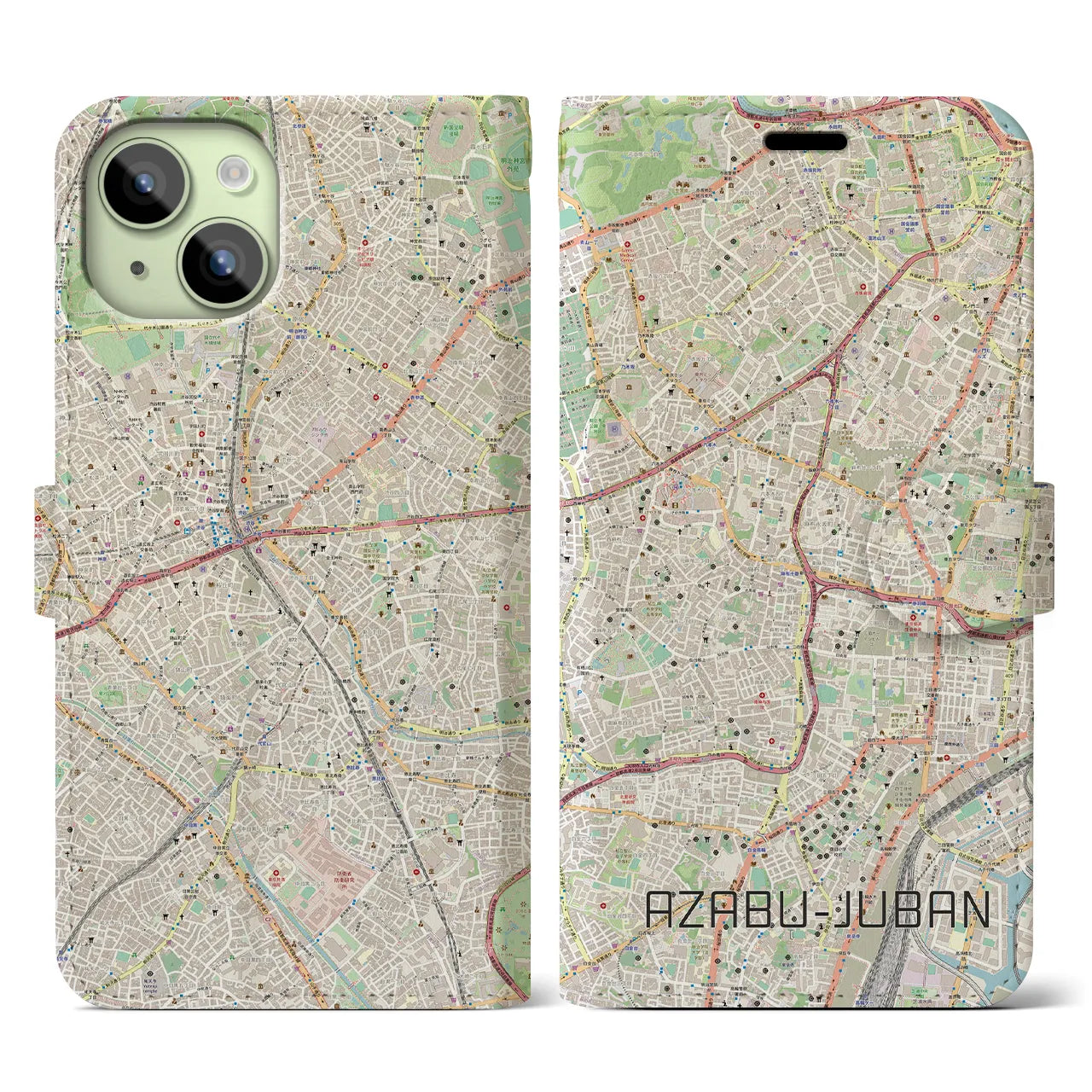 【麻布十番】地図柄iPhoneケース（手帳両面タイプ・ナチュラル）iPhone 15 用