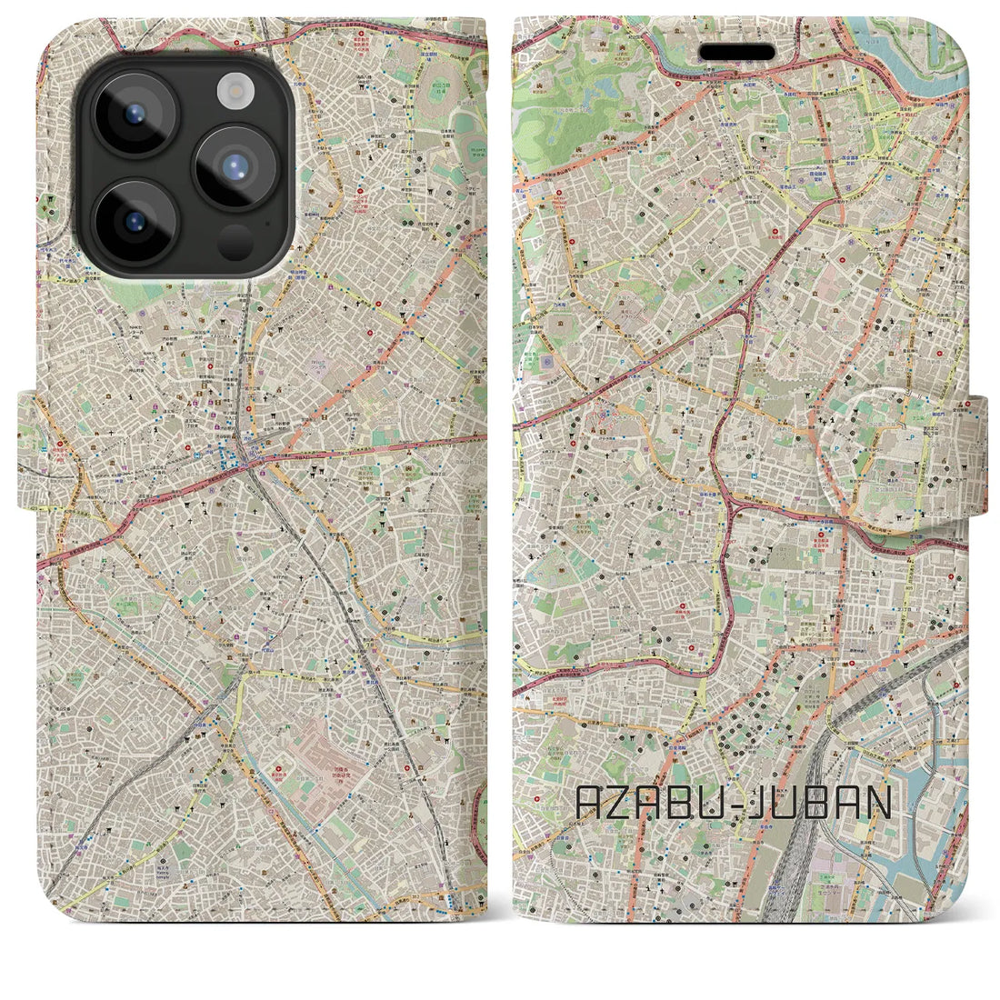 【麻布十番】地図柄iPhoneケース（手帳両面タイプ・ナチュラル）iPhone 15 Pro Max 用