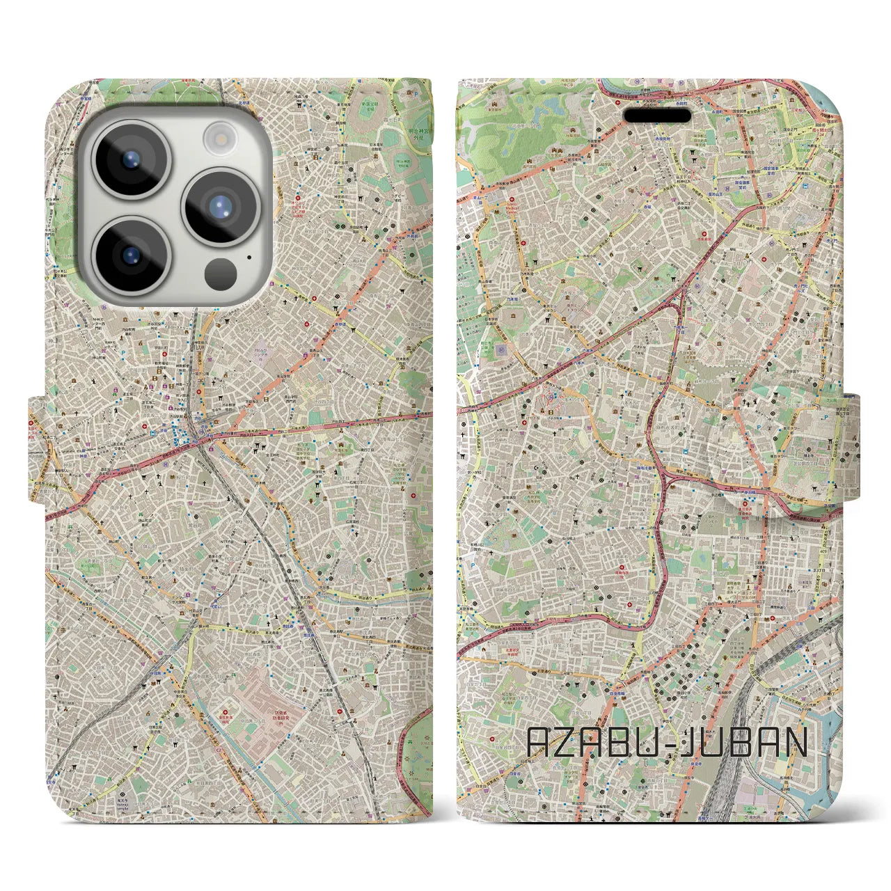 【麻布十番】地図柄iPhoneケース（手帳両面タイプ・ナチュラル）iPhone 15 Pro 用