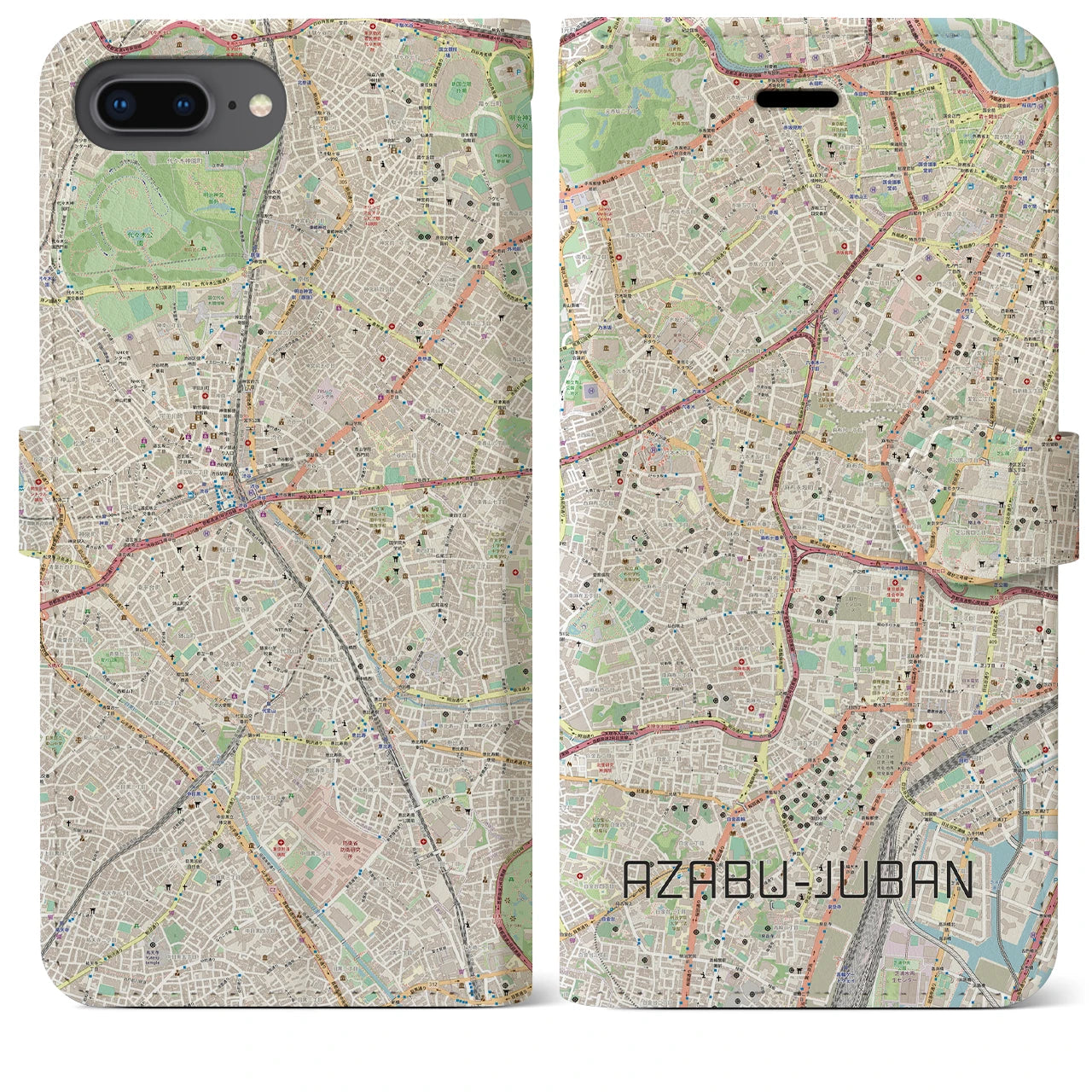 【麻布十番】地図柄iPhoneケース（手帳両面タイプ・ナチュラル）iPhone 8Plus /7Plus / 6sPlus / 6Plus 用