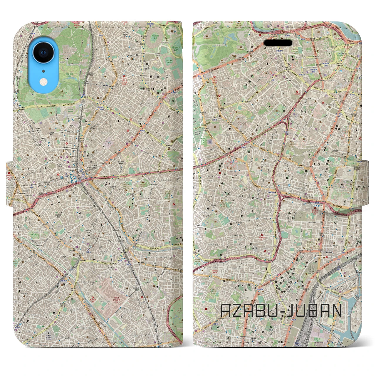 【麻布十番】地図柄iPhoneケース（手帳両面タイプ・ナチュラル）iPhone XR 用