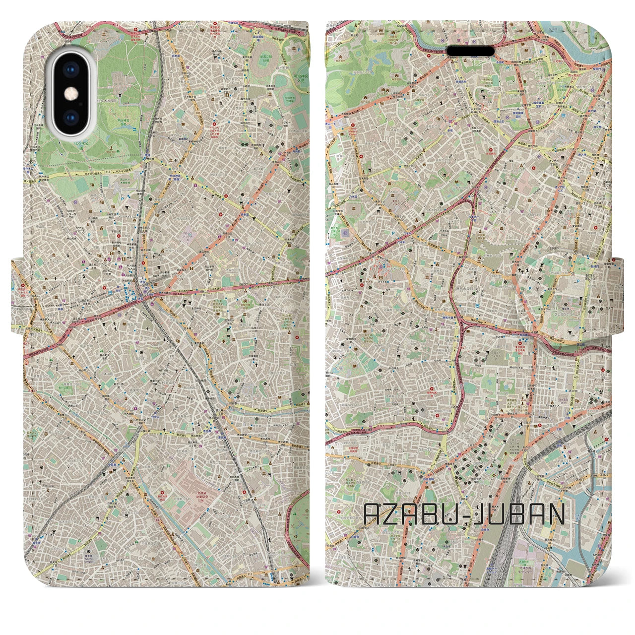 【麻布十番】地図柄iPhoneケース（手帳両面タイプ・ナチュラル）iPhone XS Max 用