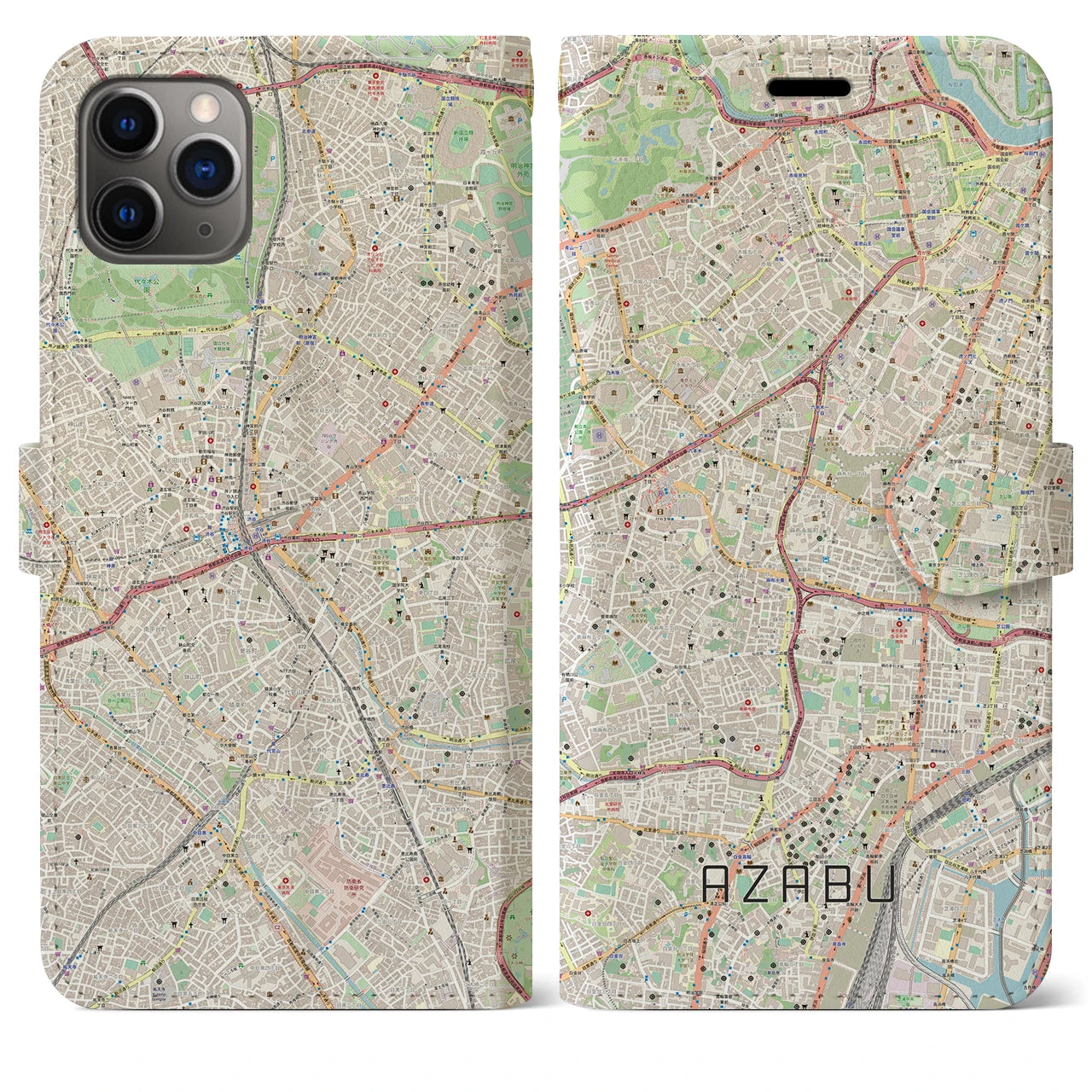 【麻布】地図柄iPhoneケース（手帳両面タイプ・ナチュラル）iPhone 11 Pro Max 用