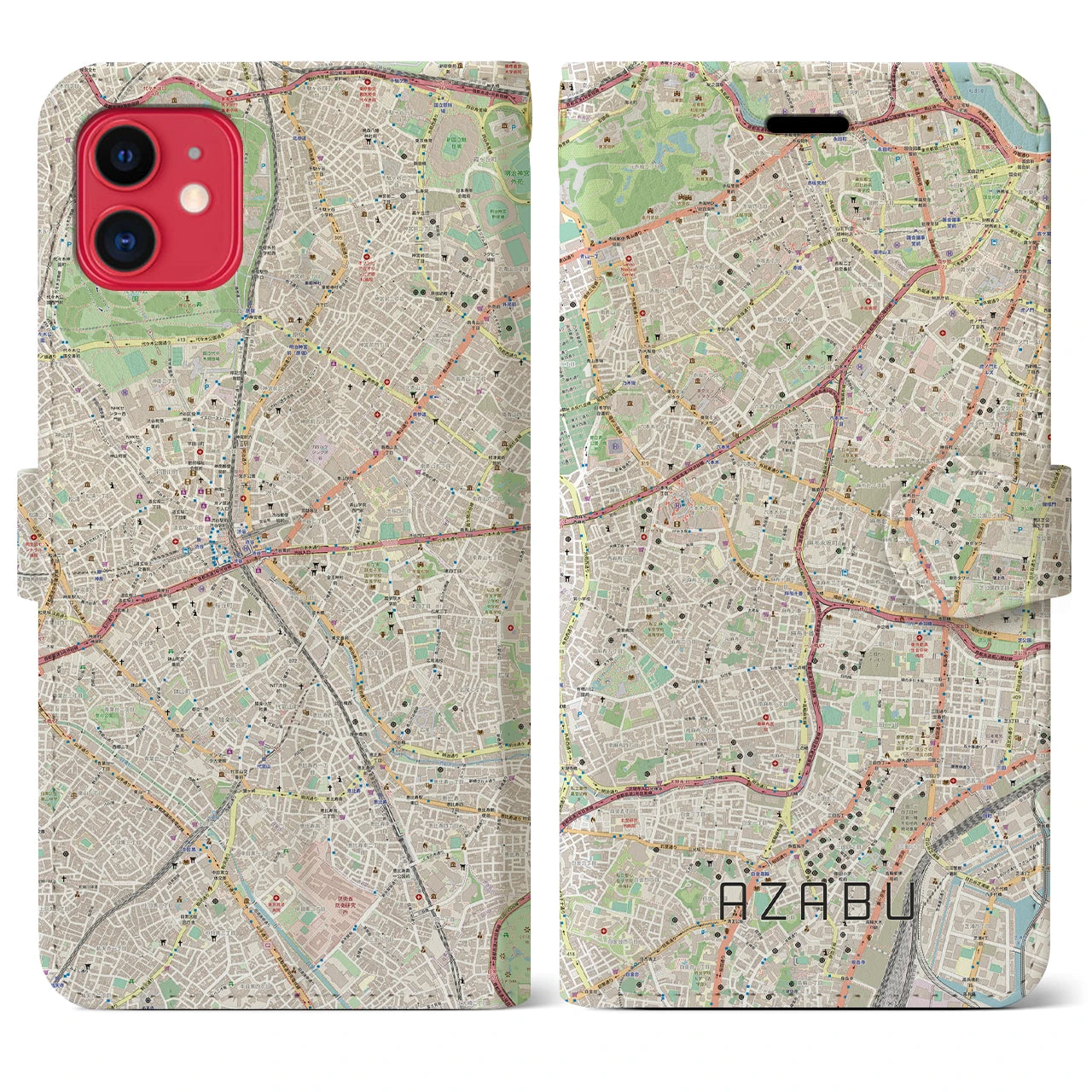 【麻布】地図柄iPhoneケース（手帳両面タイプ・ナチュラル）iPhone 11 用