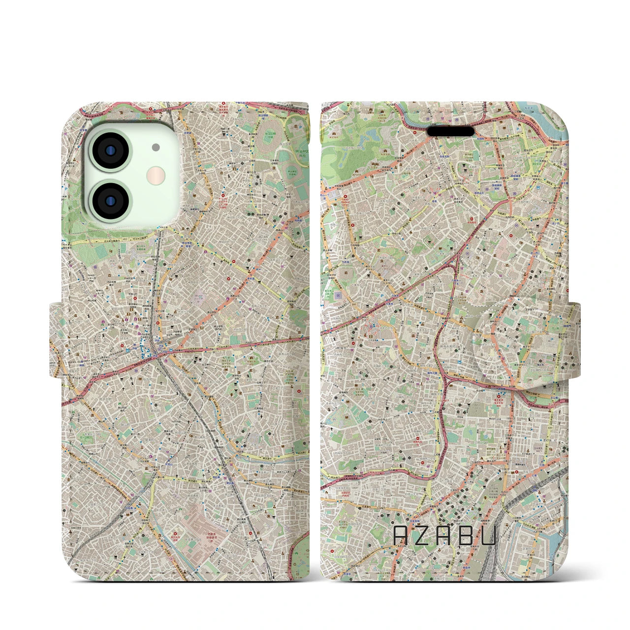 【麻布】地図柄iPhoneケース（手帳両面タイプ・ナチュラル）iPhone 12 mini 用