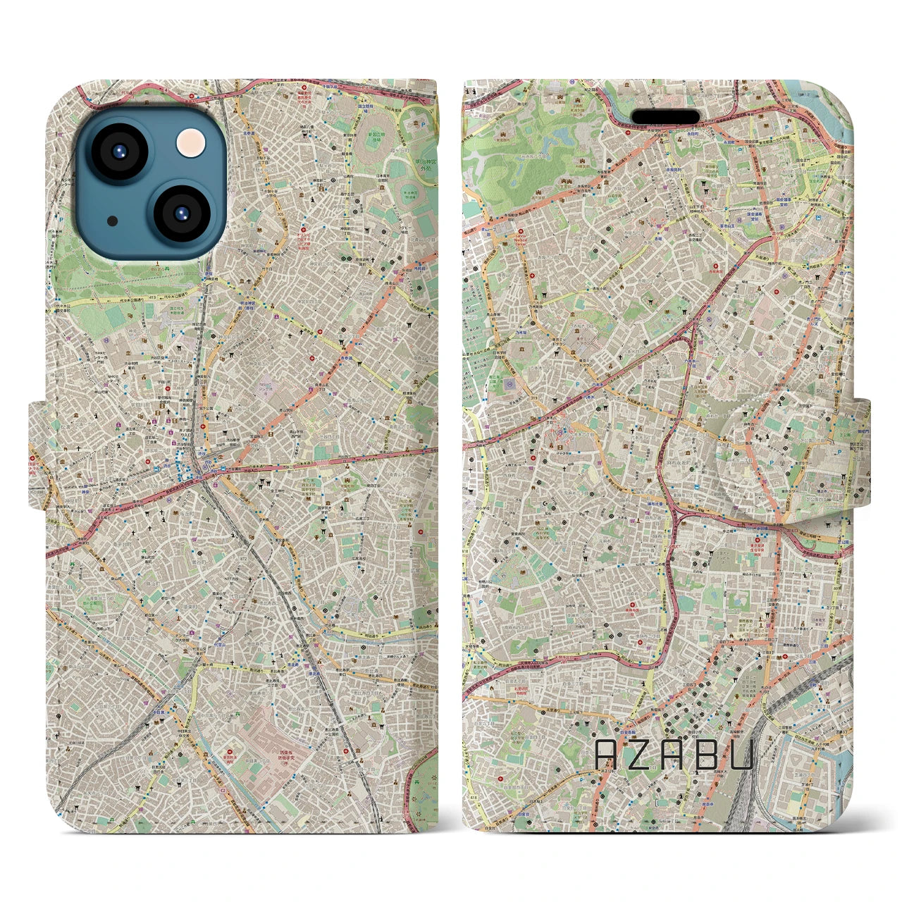 【麻布】地図柄iPhoneケース（手帳両面タイプ・ナチュラル）iPhone 13 用